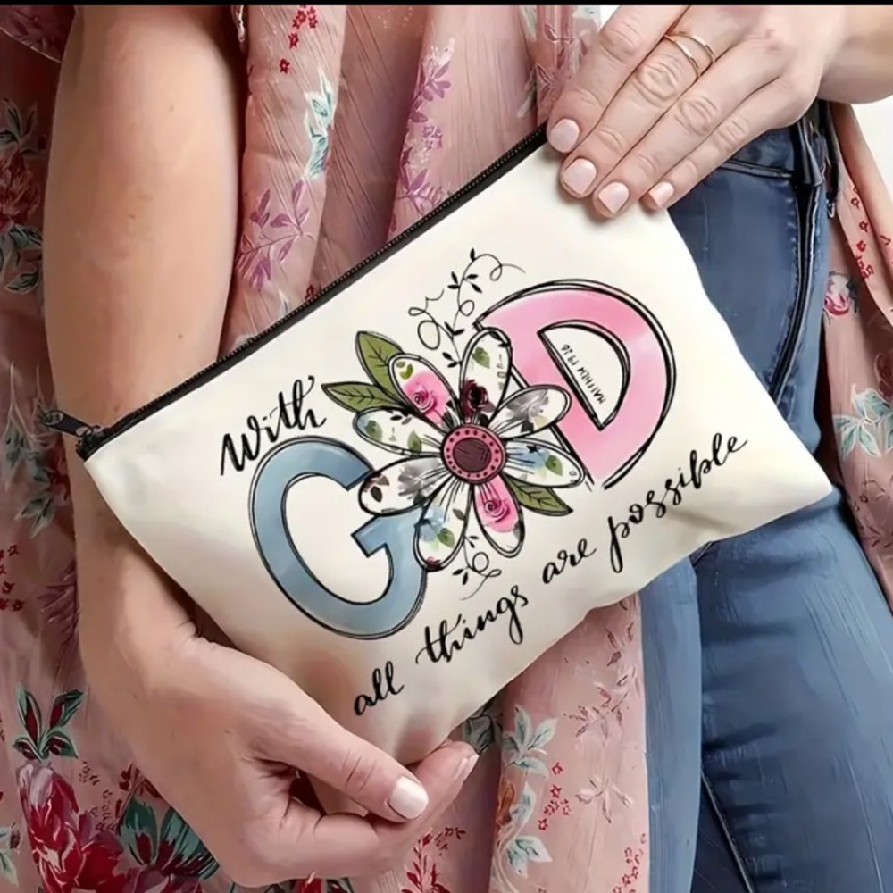 Source Unknown Cream Cosmetic Bag with Blue & Pink 'With God' Floral Design - Picture 2 of 4